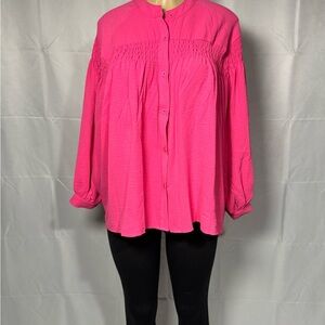 Amazon Hot Pink Smocked Yoke Button-Front Blouse